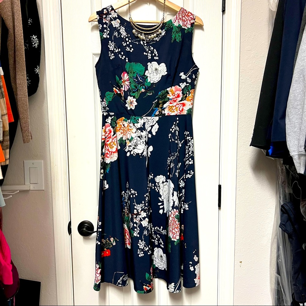 Flower navy blue midi dress